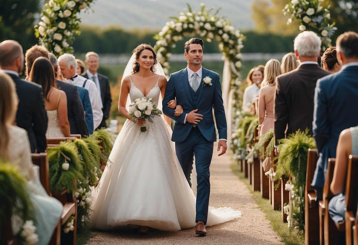 A figure leading a bride down the aisle