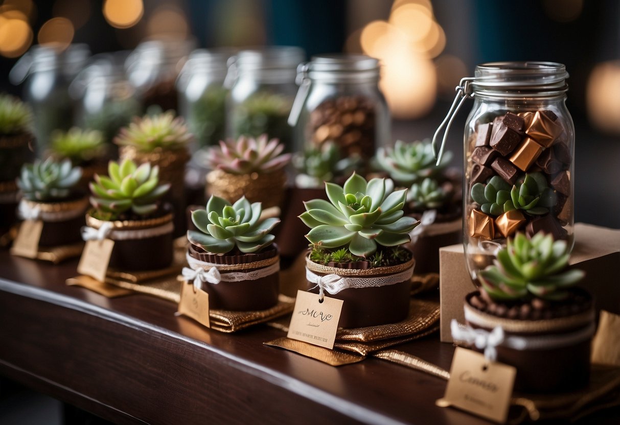 A table adorned with personalized wedding favors, such as mini succulents or artisanal chocolates, displayed in elegant packaging