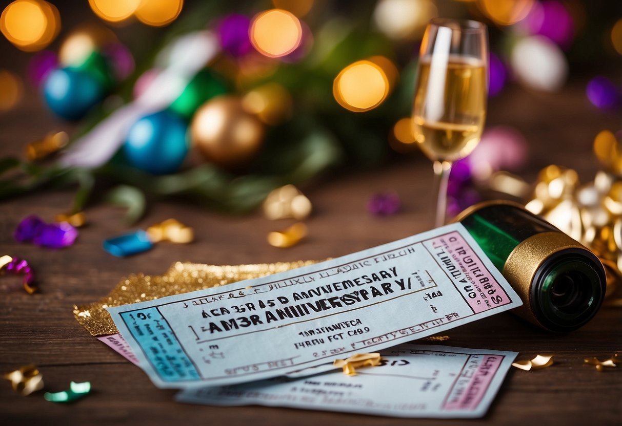 A pair of concert tickets with "33rd wedding anniversary ideas" written on them, surrounded by colorful confetti and a champagne bottle