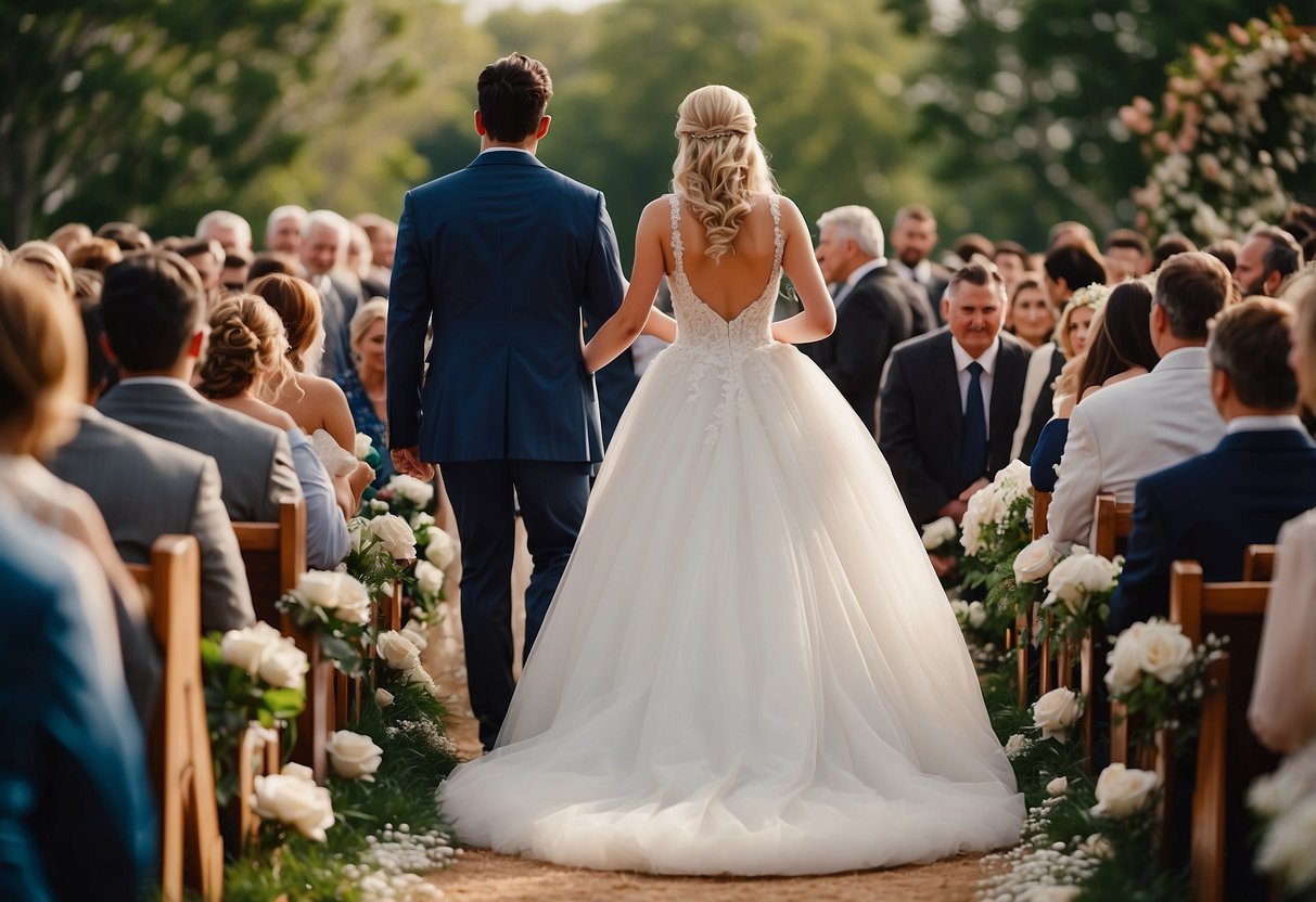 A figure stands beside the bride, guiding her down the aisle