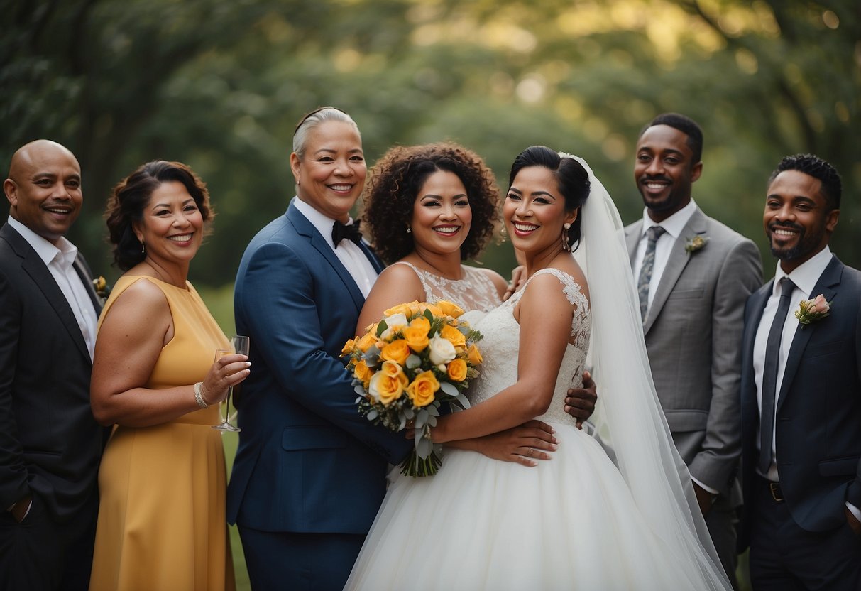 A diverse group celebrates a second wedding with warmth and joy, blending families harmoniously