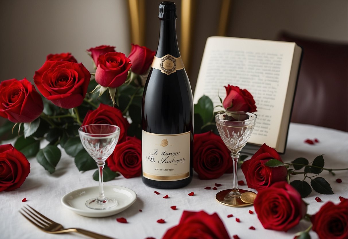 A table set with a white tablecloth, adorned with a vase of red roses and a bottle of champagne. A journal with "33rd Anniversary" written in elegant script sits open, surrounded by scattered rose petals