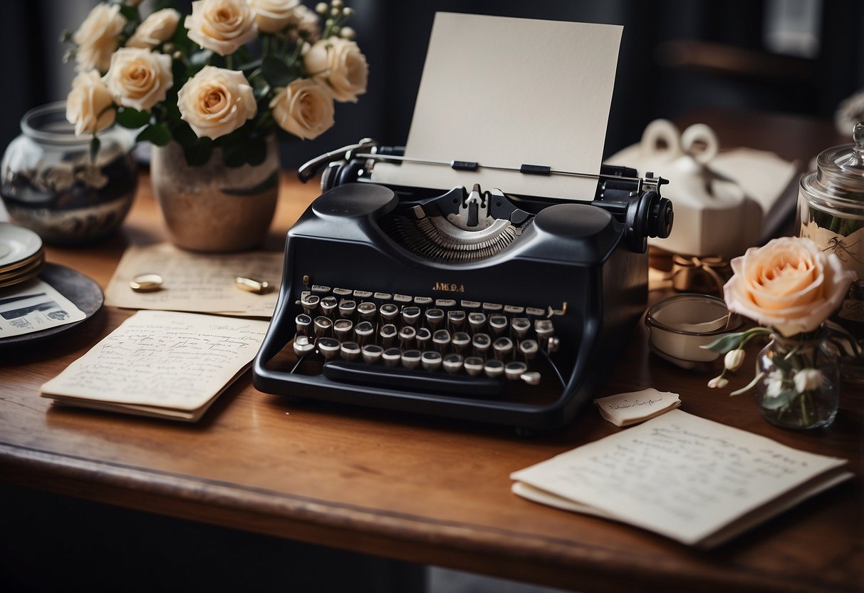 A desk scattered with handwritten love letters, surrounded by anniversary memorabilia and flowers