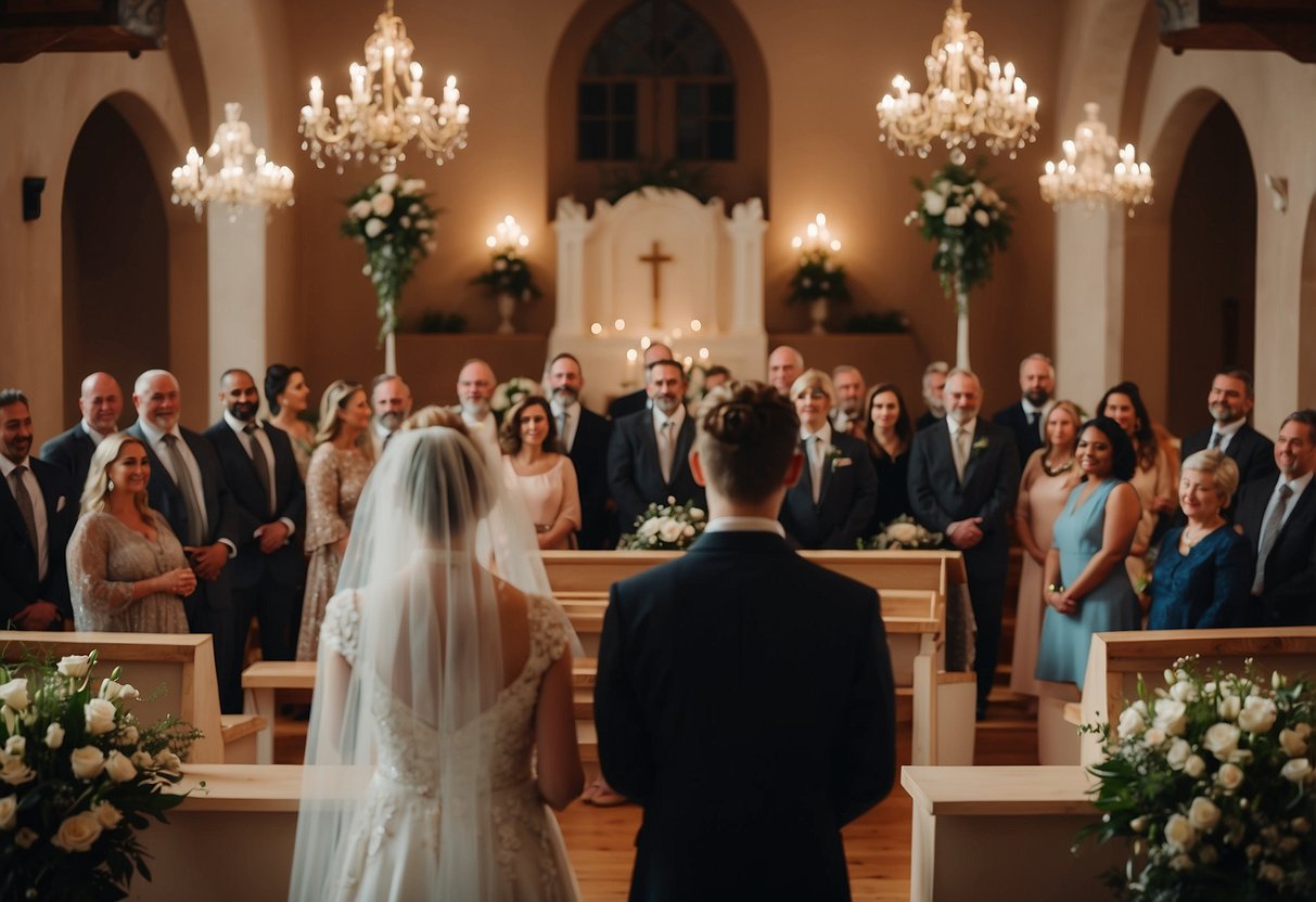 A couple stands at the altar, exchanging vows. A small crowd of close family and friends watches, smiling and clapping. The setting is warm and intimate, with soft lighting and elegant decor