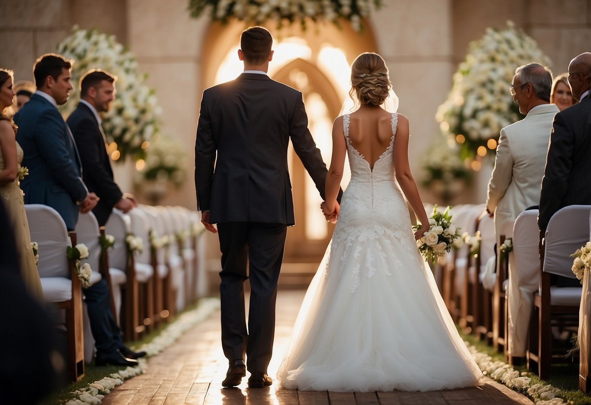 A figure stands beside the bride, offering support and guidance as they walk down the aisle, symbolizing the traditional role of a father