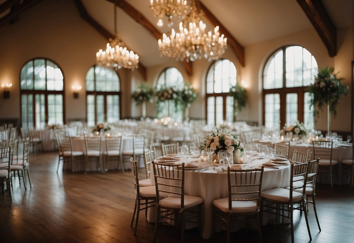 A seating plan for a wedding reception, with tables arranged in a spacious and elegant room. Tables are adorned with beautiful centerpieces and place settings, creating a warm and inviting atmosphere