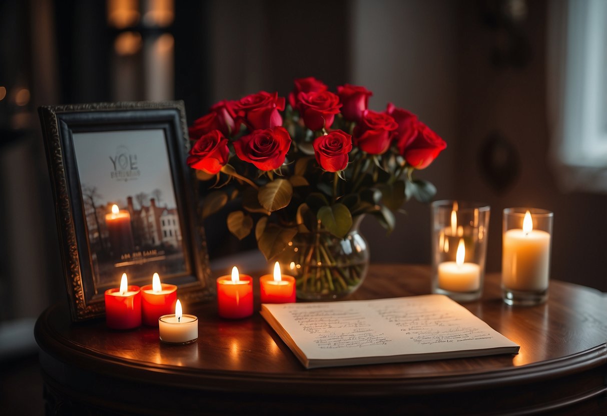 A table set with a vase of red roses, a photo album, and a handwritten love letter. A candle flickers, casting a warm glow over the scene