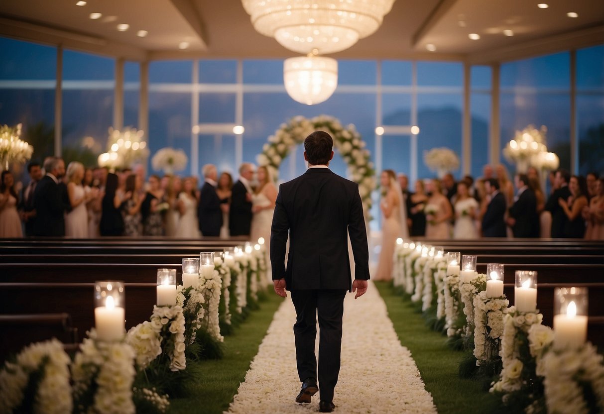 A lone figure stands at the end of the aisle, ready to guide the bride forward. The focus is on the supportive presence rather than the person themselves