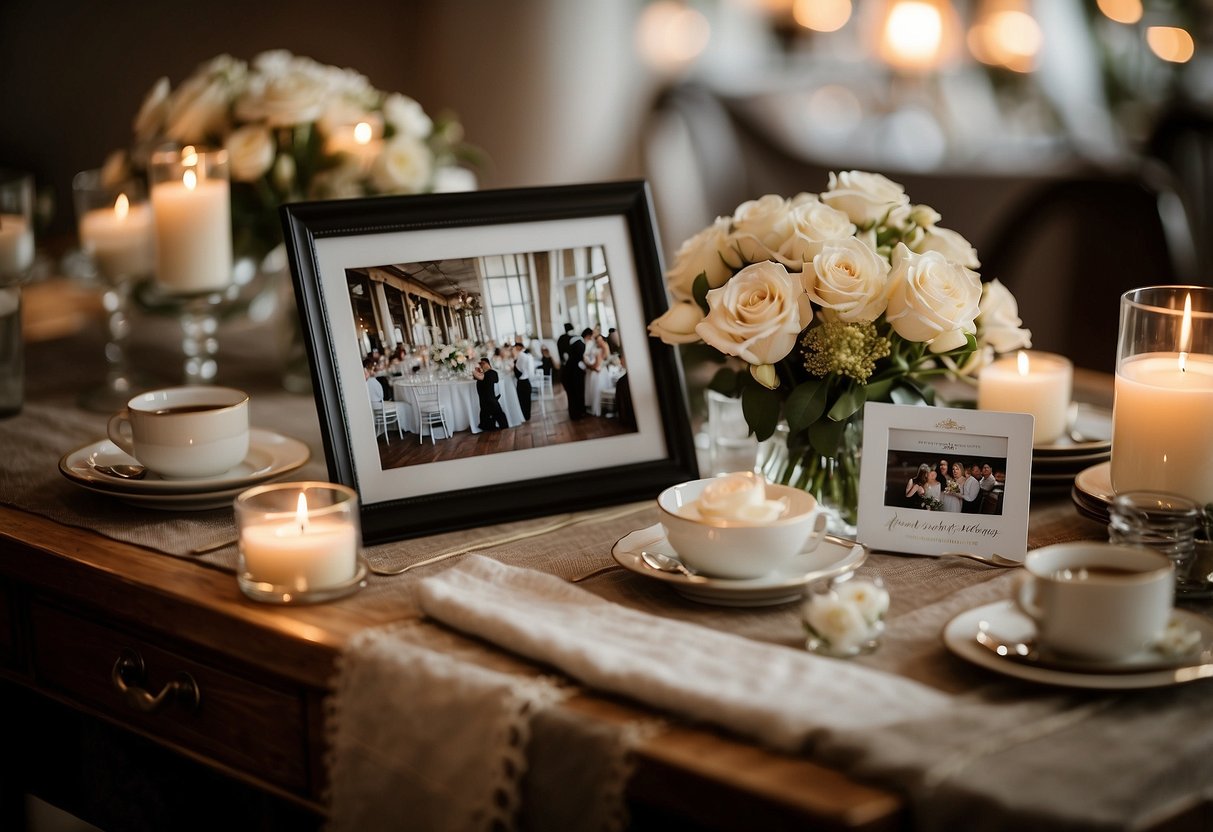 A beautifully decorated table with photos, flowers, and mementos. A sign with "Second Wedding Etiquette Tips" displayed prominently