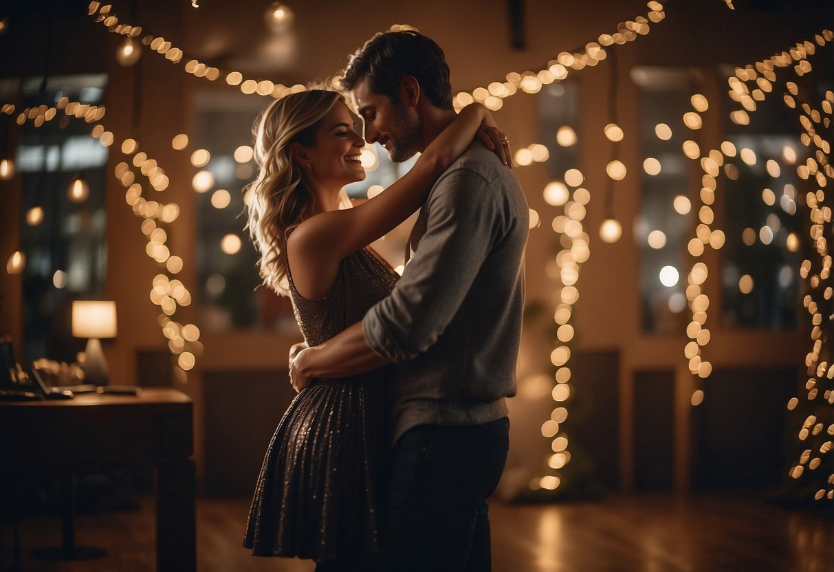 A couple dancing in a cozy, dimly lit studio with a mirrored wall, surrounded by twinkling fairy lights and soft music playing in the background