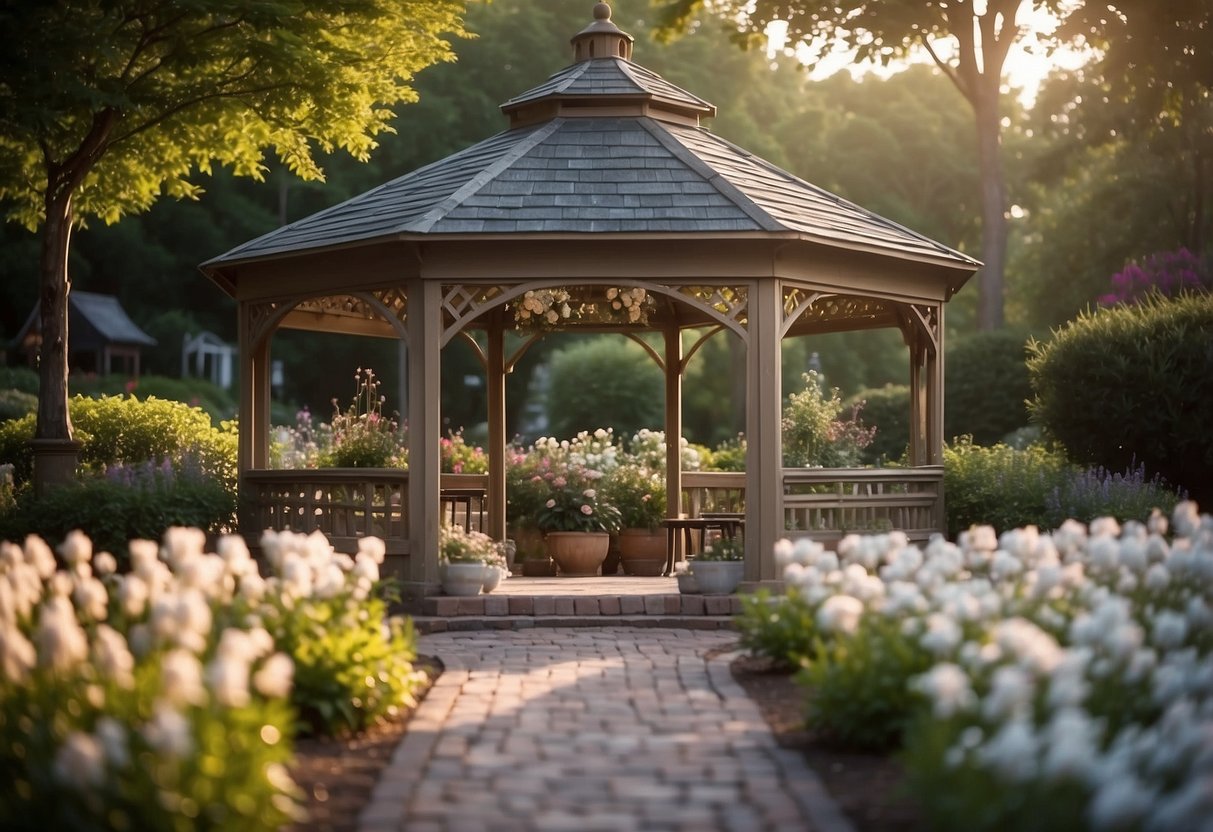 A serene garden setting with a charming gazebo, surrounded by blooming flowers and twinkling lights, sets the scene for a second wedding ceremony