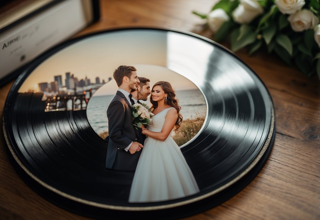 A couple's wedding photo displayed alongside a custom vinyl record with their names and anniversary date engraved on the label