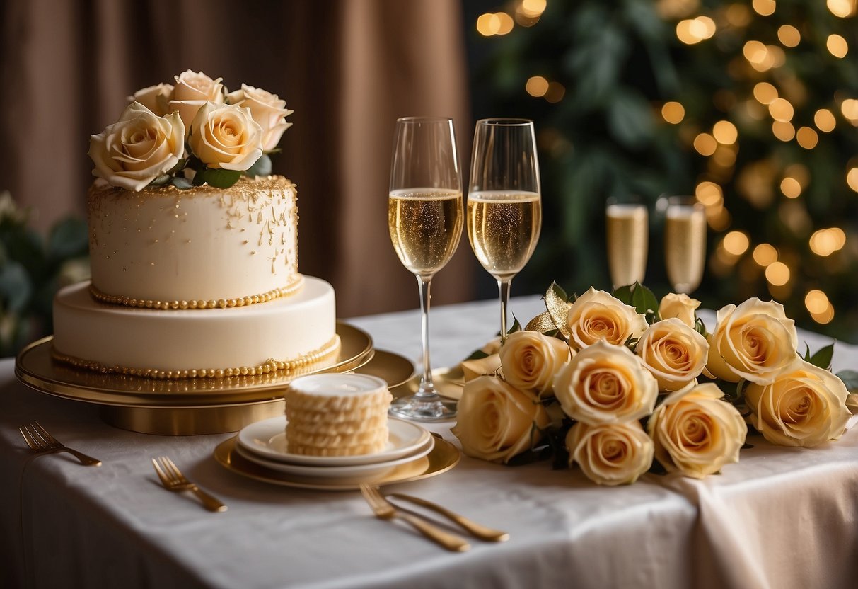 A table set with 67 roses, two champagne flutes, and a tiered cake adorned with the number 67 in gold. A golden banner with "67th Anniversary" hangs above