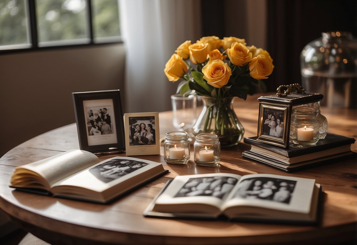 A table set with a personalized photo album, surrounded by 67th wedding anniversary memorabilia and decorations