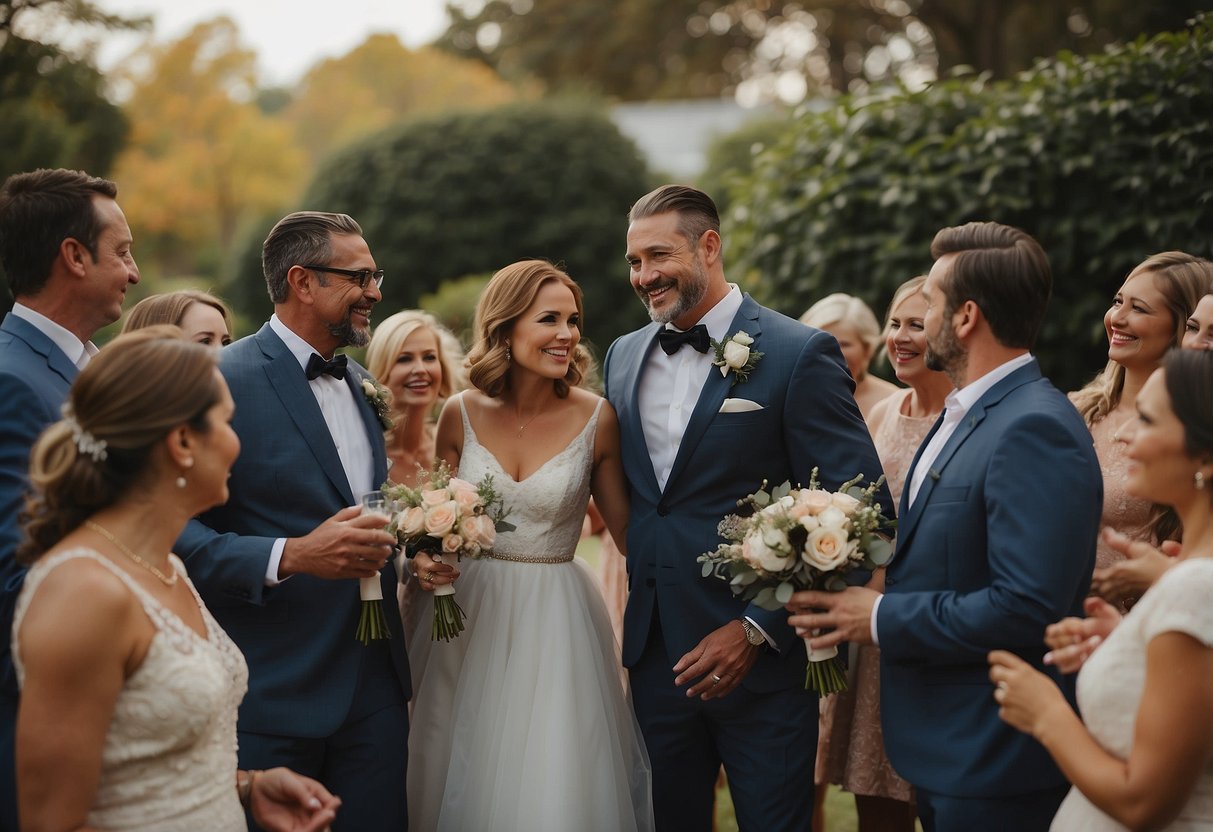 A family gathers for a second wedding, showing respect and understanding. Guests mingle and engage in warm conversations, demonstrating supportive and inclusive behavior