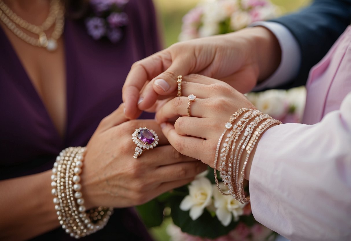 A couple's hands exchanging personalized jewelry, surrounded by symbols of 33rd wedding anniversary, such as amethyst and floral motifs