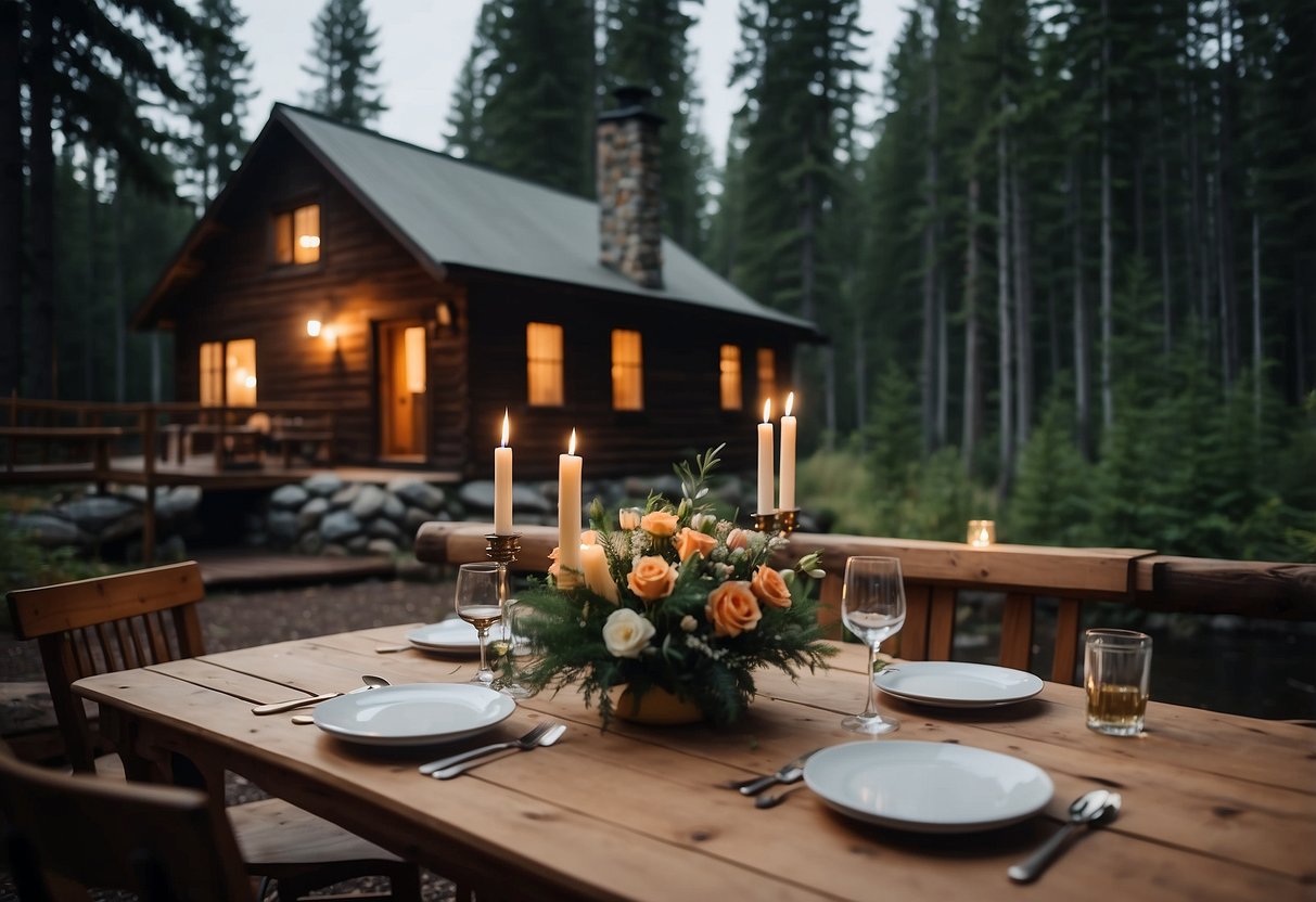 A cozy cabin nestled in the woods, surrounded by tall pine trees and a serene lake. A warm fireplace crackles inside, with a table set for two, adorned with candles and a bouquet of flowers