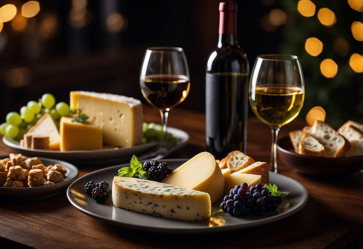 A table set with various wine bottles, glasses, and cheese platters. A cozy atmosphere with dim lighting and elegant decor