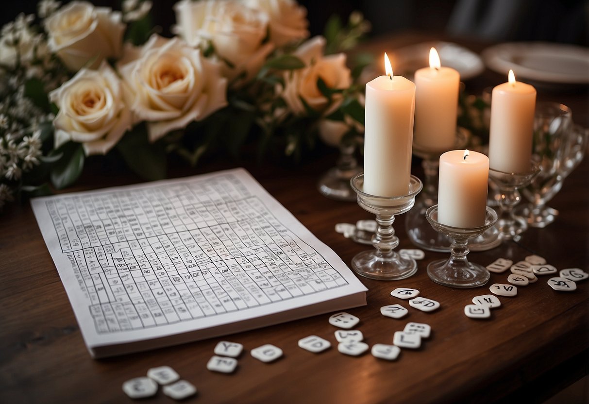 A wedding crossword puzzle displayed on a table, surrounded by elegant floral arrangements and flickering candles