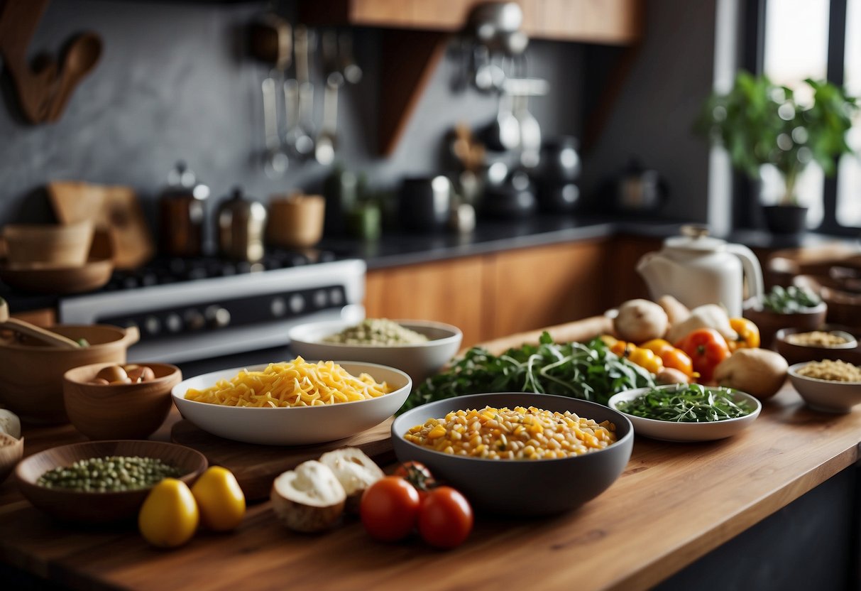 A cozy kitchen filled with the aroma of delicious food. Two sets of utensils and ingredients laid out on the counter, ready for a fun and interactive cooking class