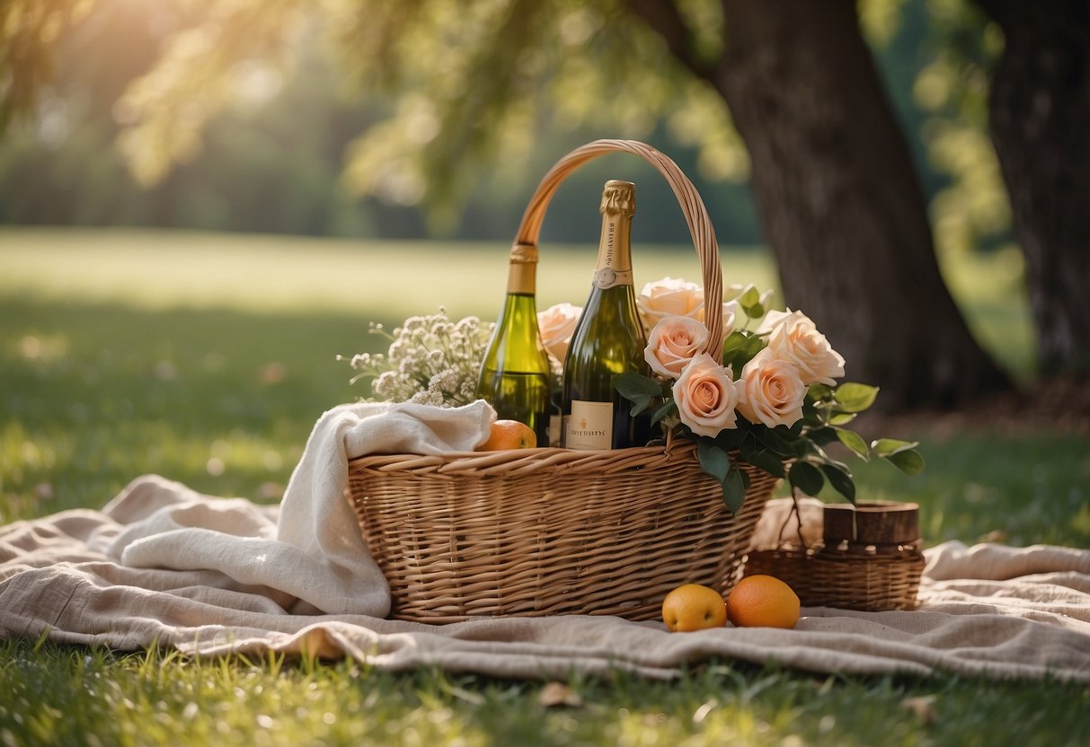 A cozy picnic blanket spread with a wicker basket, champagne, and a bouquet of roses under a shady tree