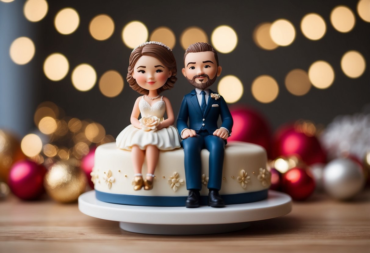 A couple's custom bobbleheads on a cake, surrounded by 33rd anniversary decorations