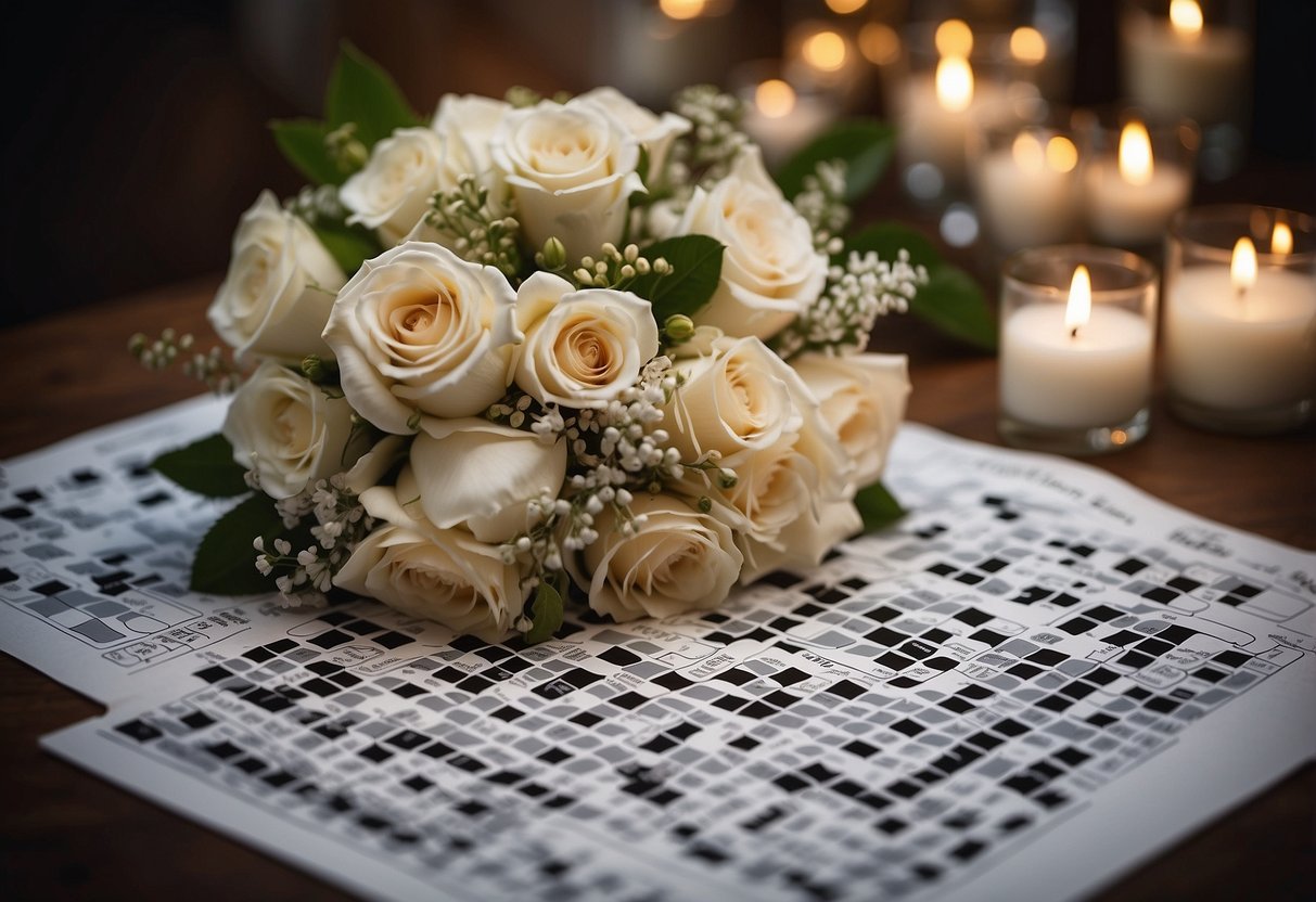 A wedding crossword puzzle with love quotes, surrounded by floral decorations and romantic lighting