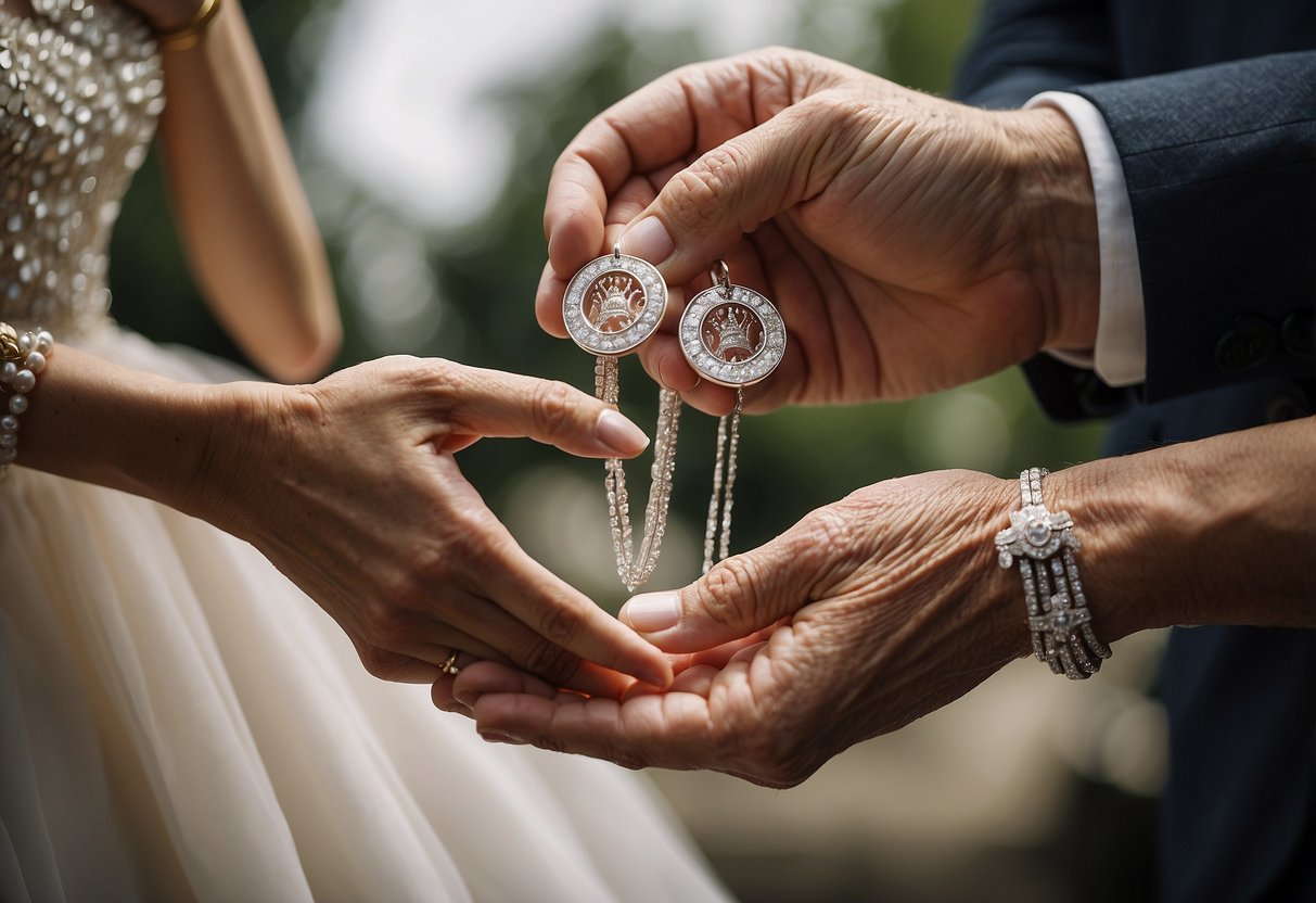 A couple's hands exchanging custom engraved jewelry for their 67th wedding anniversary