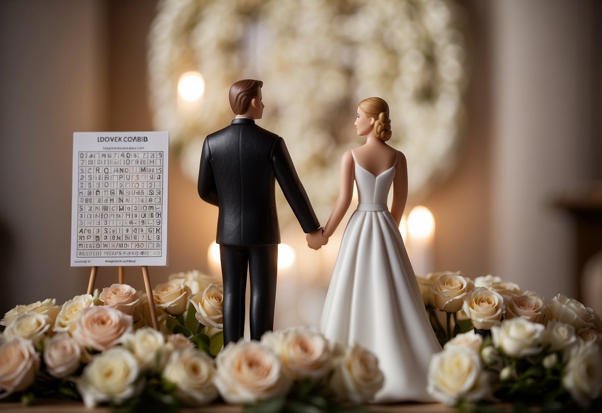 A bride and groom stand at the altar surrounded by flowers, with a crossword puzzle featuring romantic movie titles displayed on a nearby table