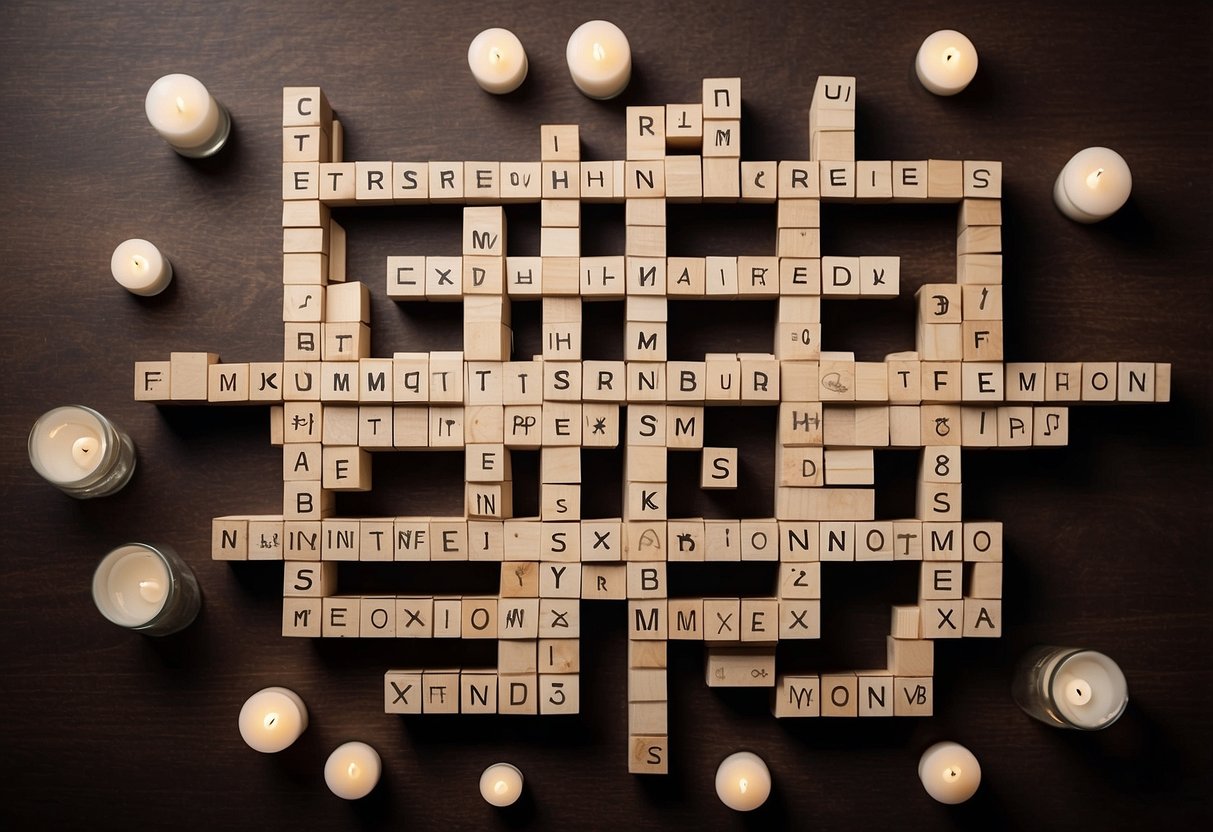 A group of wedding party names arranged in a crossword puzzle format, with decorative elements and space for clues