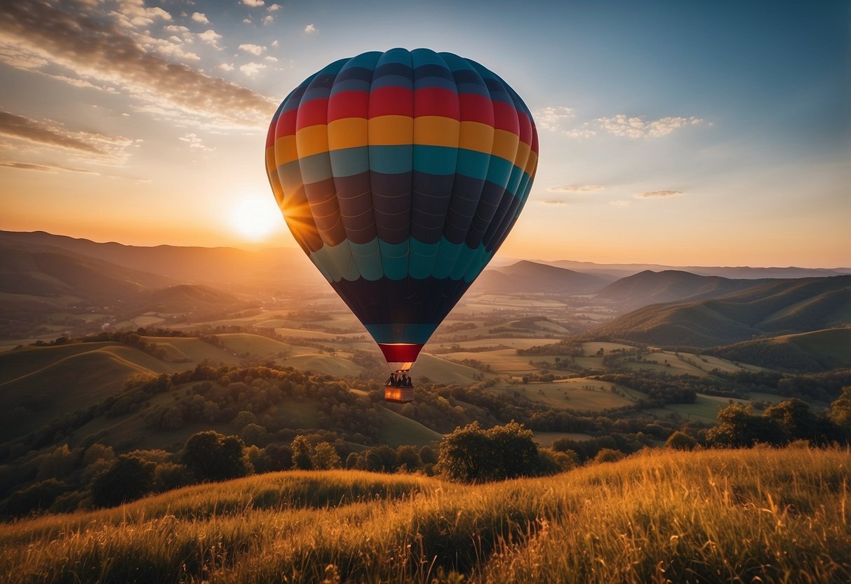 A colorful hot air balloon floats over a picturesque landscape, with a beautiful sunset in the background, creating a romantic and unforgettable scene for a 67th wedding anniversary celebration