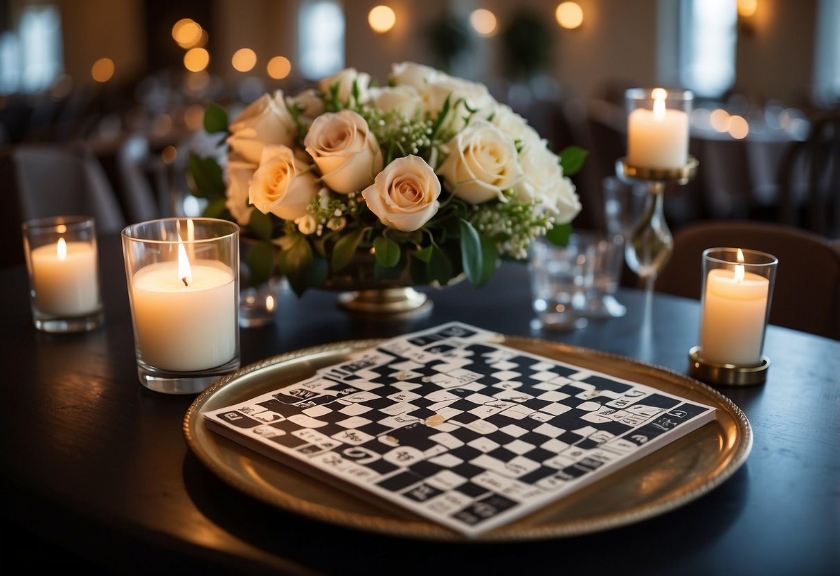 A wedding crossword puzzle sits on a table, surrounded by elegant floral centerpieces and flickering candlelight