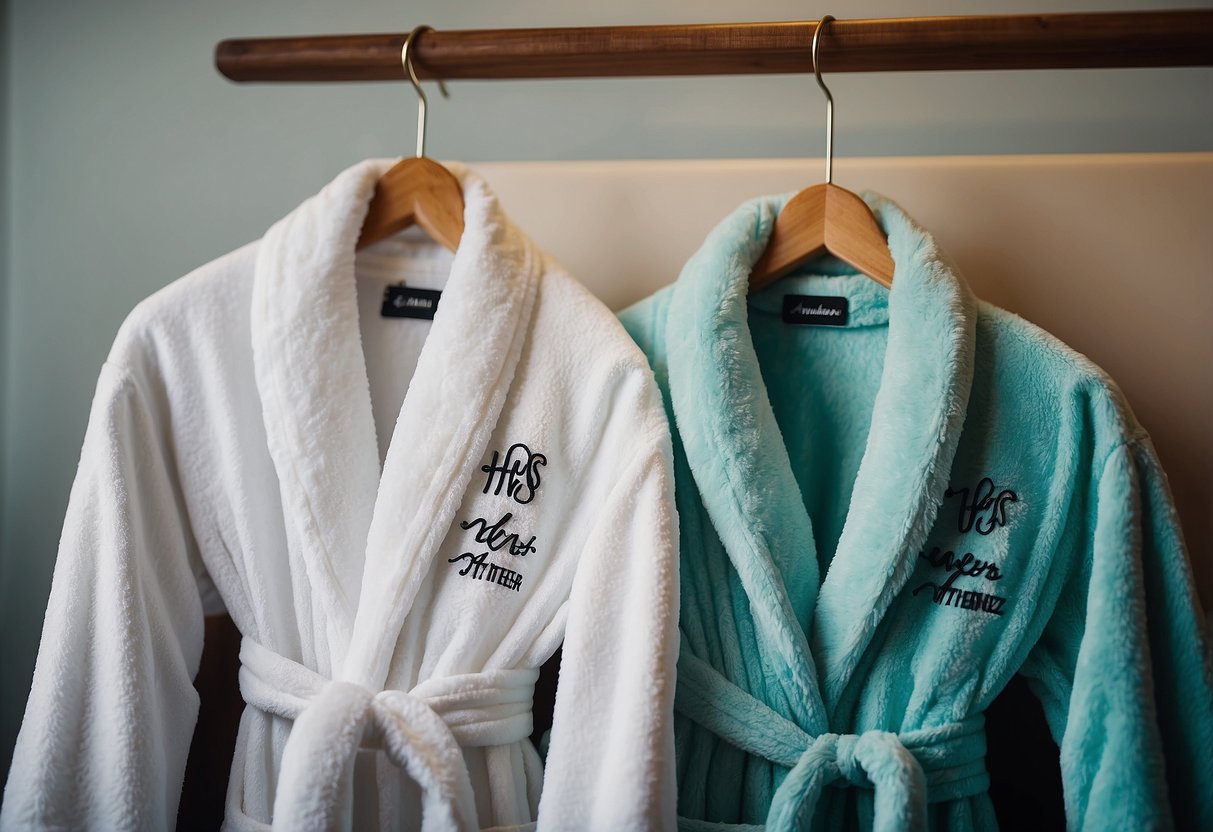 Two bathrobes hanging side by side, one with "His" embroidered in bold lettering and the other with "Hers," symbolizing a 67th wedding anniversary celebration