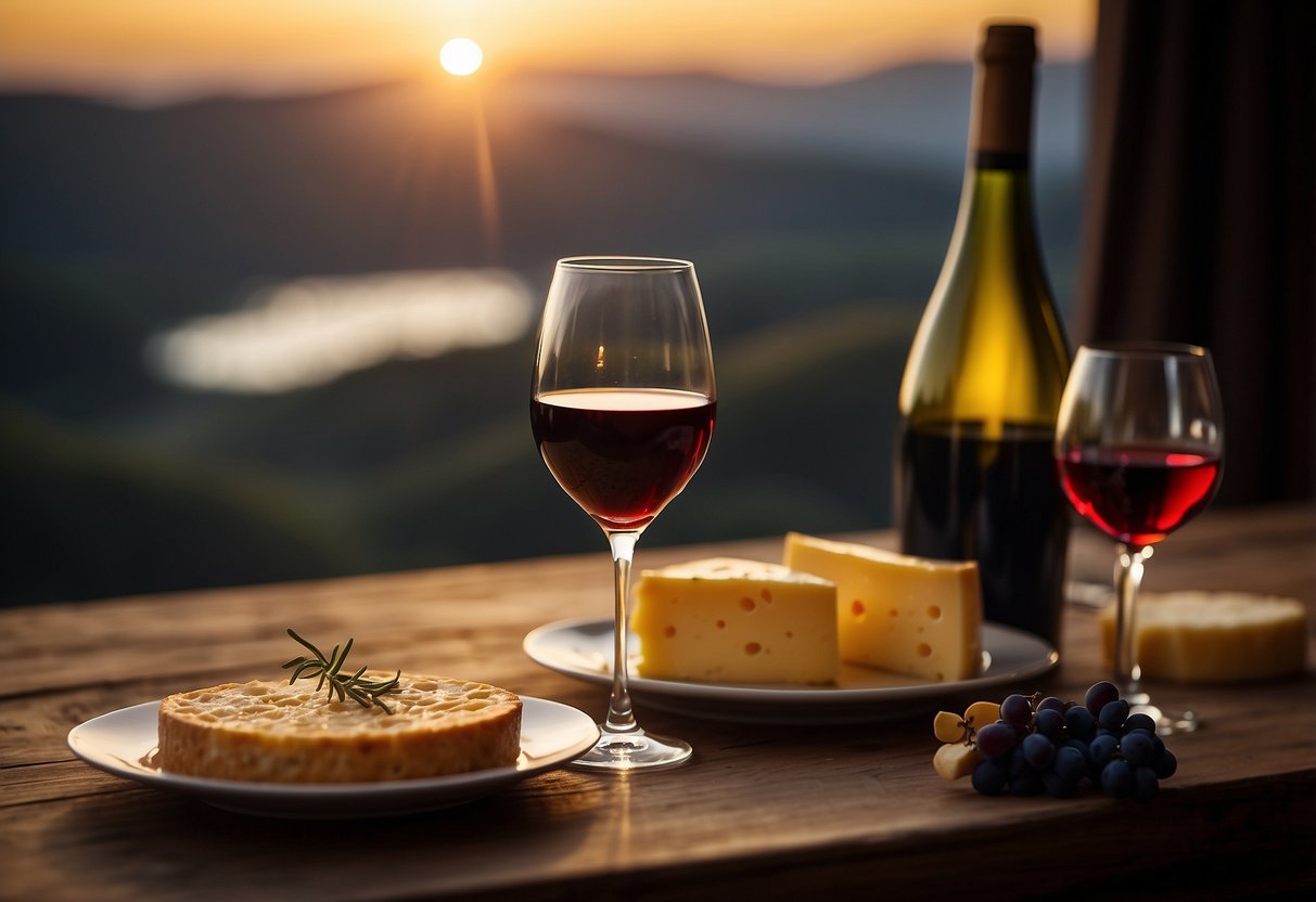 A cozy table set with wine glasses, bottles, and cheese. A warm, intimate atmosphere with soft lighting and a celebratory mood