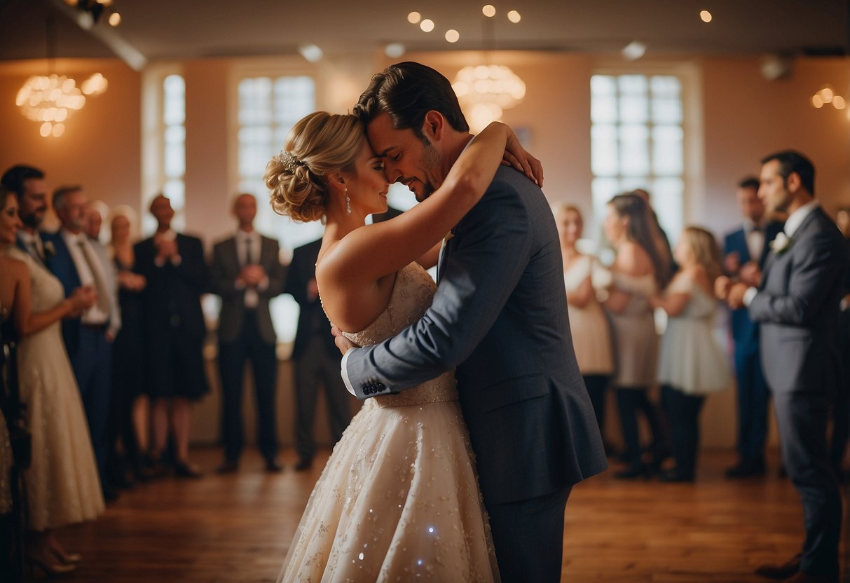 A couple's first dance at their wedding, surrounded by friends and family, with a crossword puzzle featuring song titles in the background