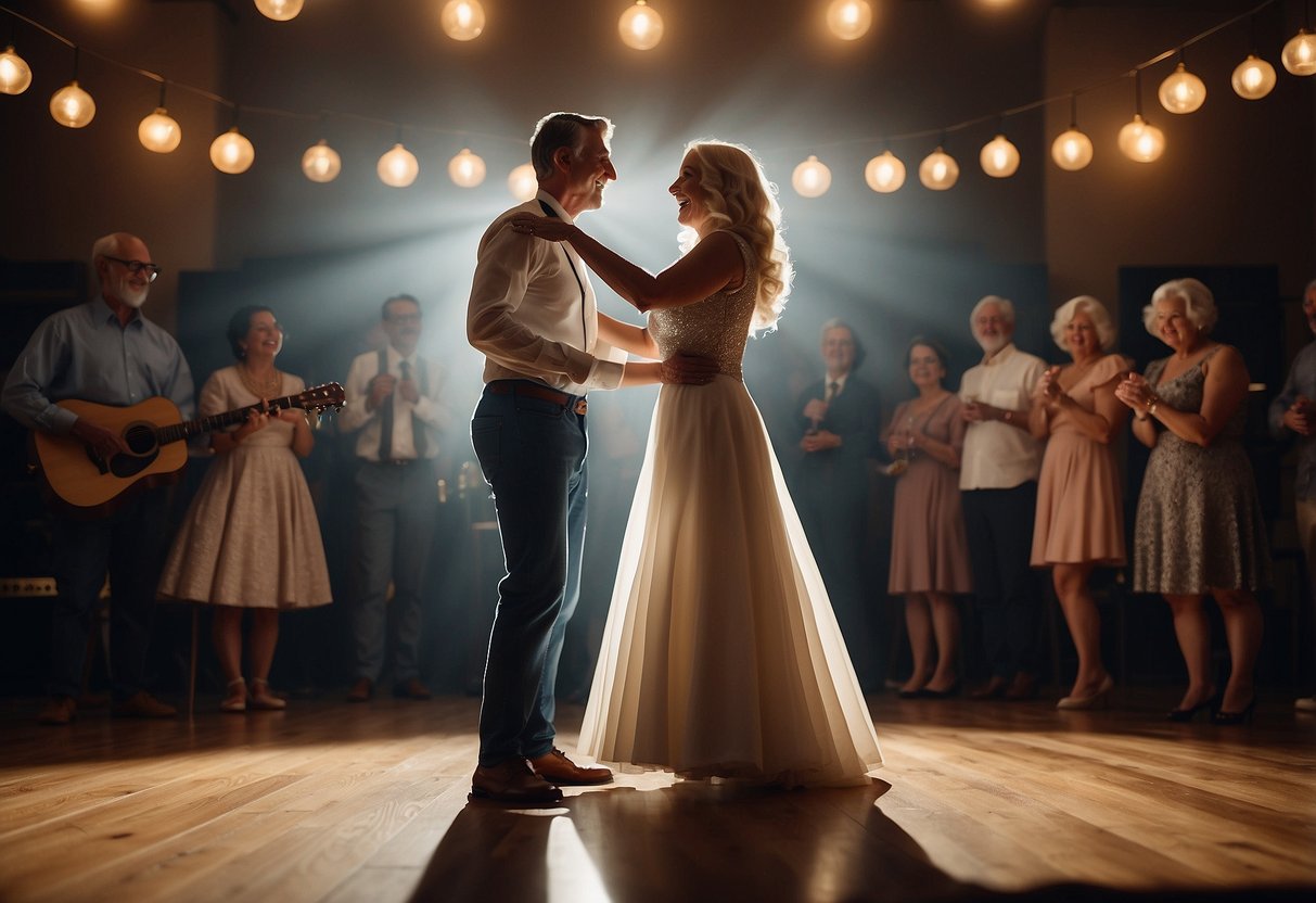 A couple dancing under a spotlight, surrounded by a circle of family and friends, as a musician plays a custom song for their 67th wedding anniversary