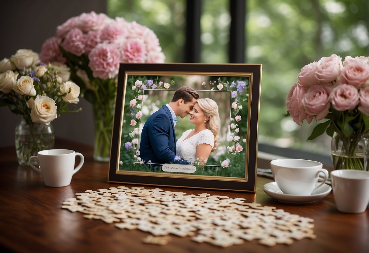 A table set with a personalized puzzle featuring a 67th anniversary message, surrounded by flowers and a framed photo of the couple