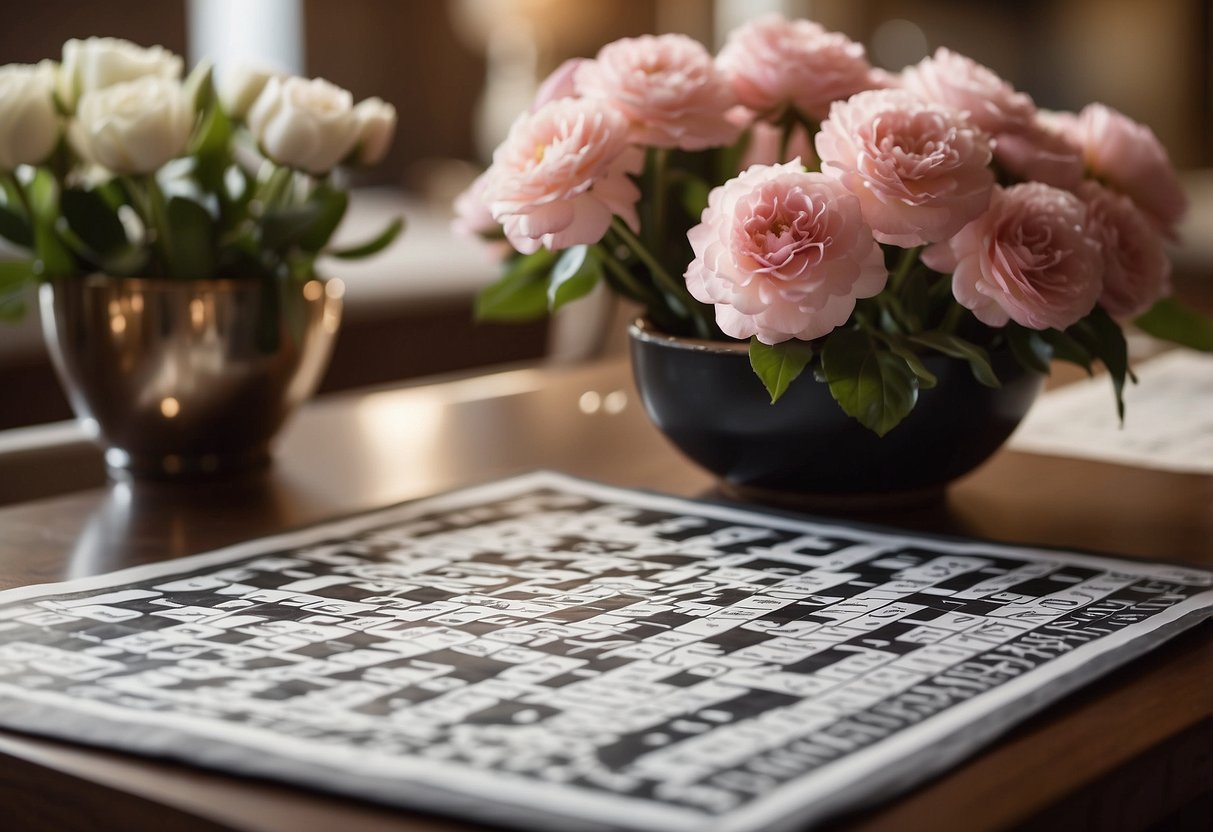 A table set with a crossword puzzle, surrounded by anniversary-themed decorations and flowers