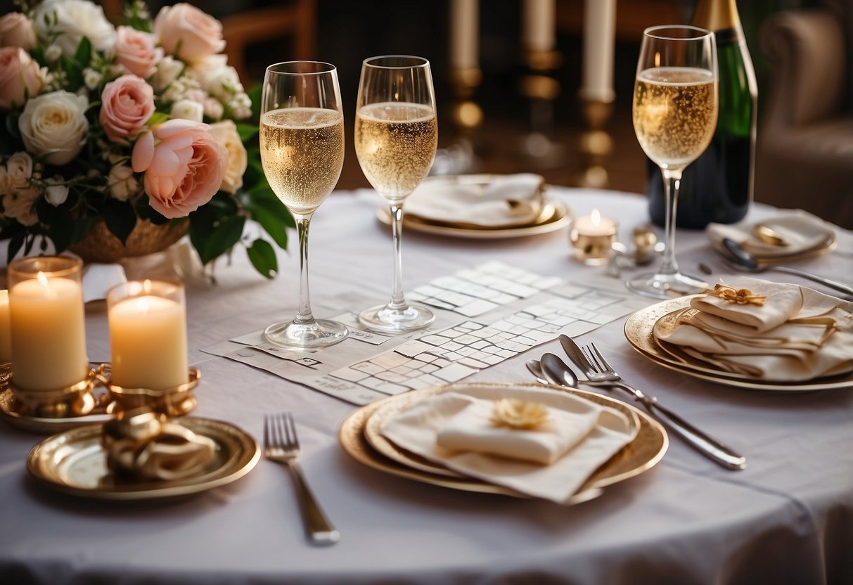 A table set with a bridal shower crossword, surrounded by flowers and champagne glasses