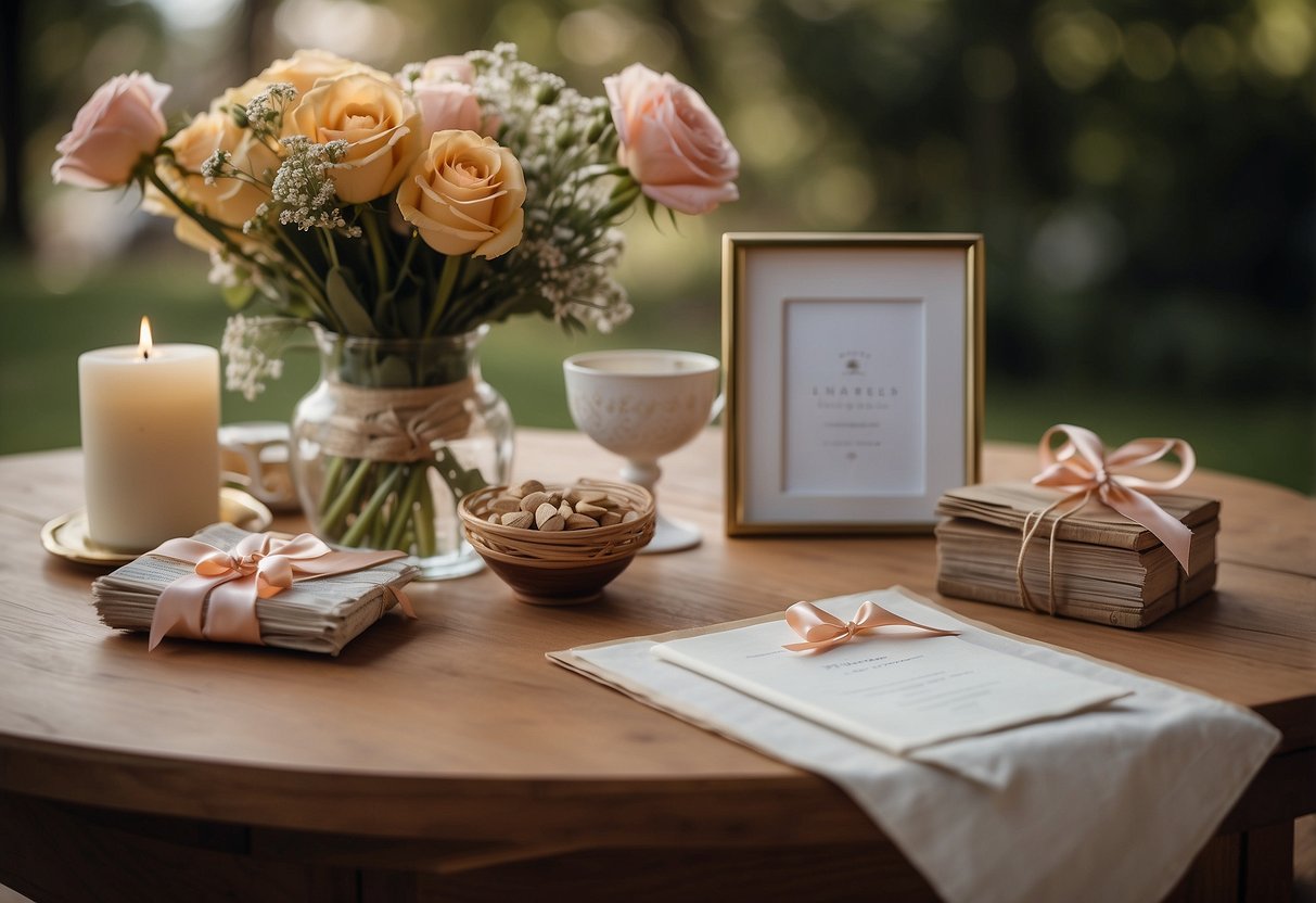 A table set with a bouquet of flowers, a stack of love letters tied with a ribbon, and a framed wedding photo