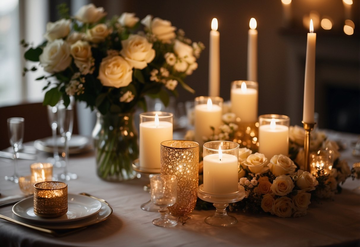 A table adorned with a set of handmade candles, surrounded by delicate floral arrangements and golden accents, evoking warmth and love for a 67th wedding anniversary celebration