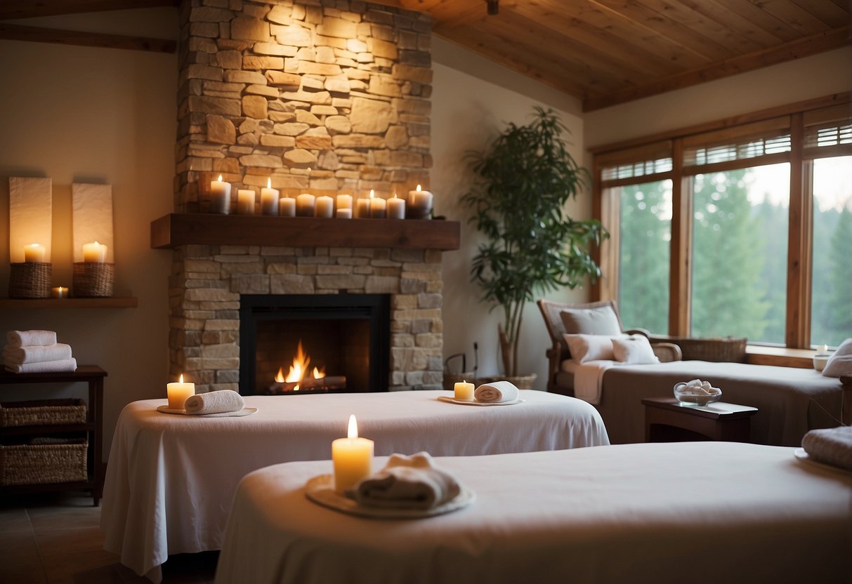 A serene spa room with two massage tables, soft lighting, and calming music. Aromatherapy scents fill the air, and a cozy fireplace adds warmth