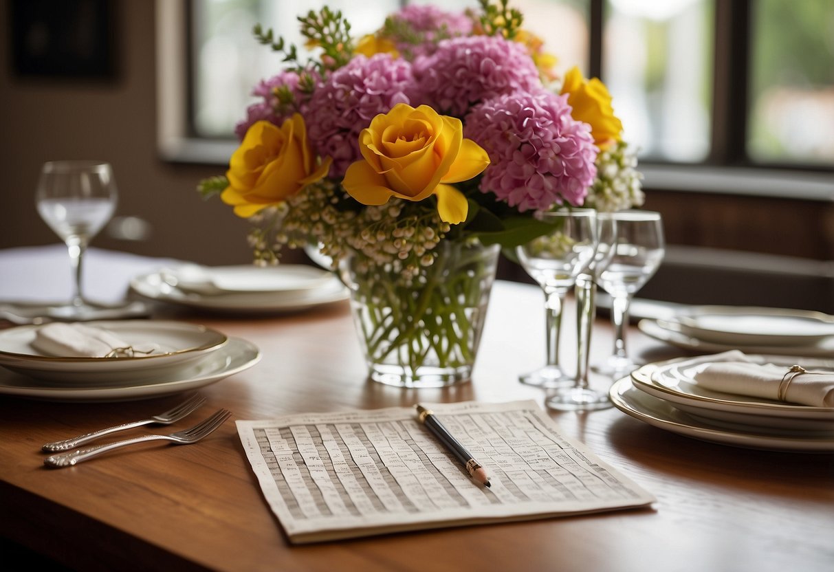 A table set with a crossword puzzle, wedding-themed clues, and a pencil. Flowers and wedding decor in the background