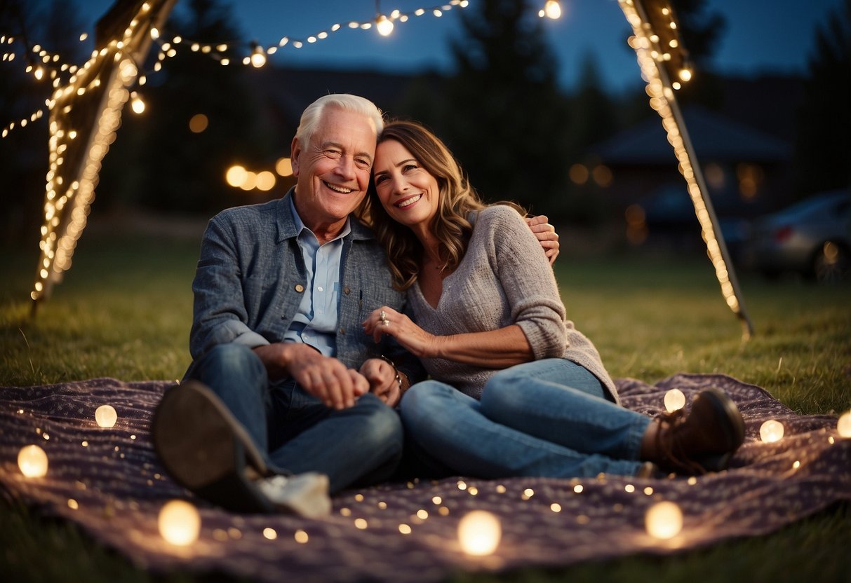 A couple sits on a blanket under a starry sky, surrounded by twinkling lights and a telescope. They hold hands and smile, enjoying their 67th wedding anniversary