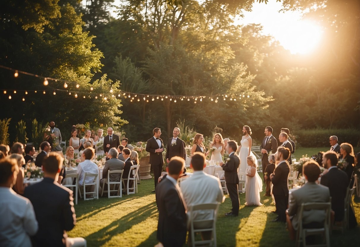 A wedding typically starts in the late afternoon or early evening, with the sun setting in the background and guests gathering in an outdoor or indoor venue