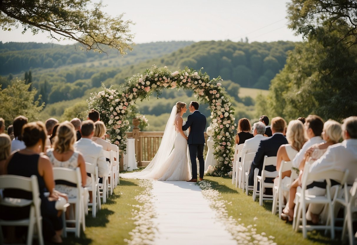 A sunlit outdoor wedding ceremony at 4:00 pm, with guests seated in white chairs and a floral arch at the center of attention