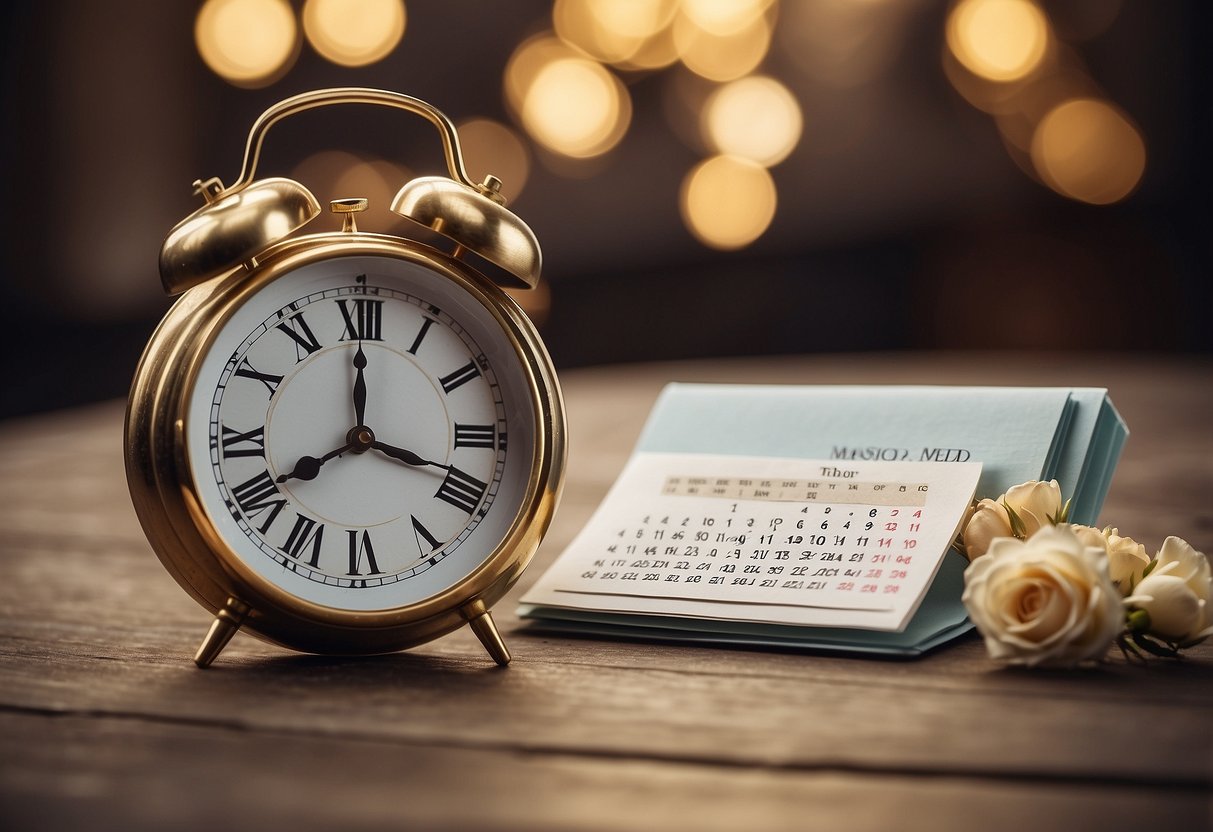 A clock showing 3:00 PM with a wedding invitation and a calendar indicating the most common start time for weddings