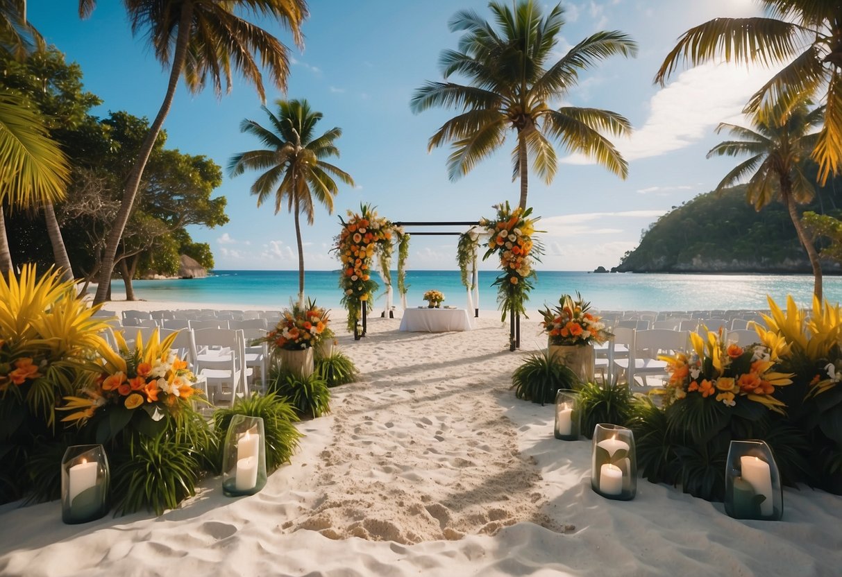 A beautiful beachfront ceremony with palm trees, white sand, and crystal-clear water, surrounded by lush tropical gardens and colorful flowers