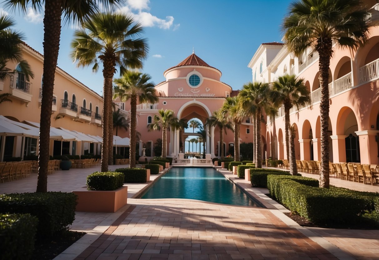 The Vinoy Renaissance Resort, a picturesque setting with palm trees, a waterfront view, and elegant architecture, is an ideal location for a Florida wedding