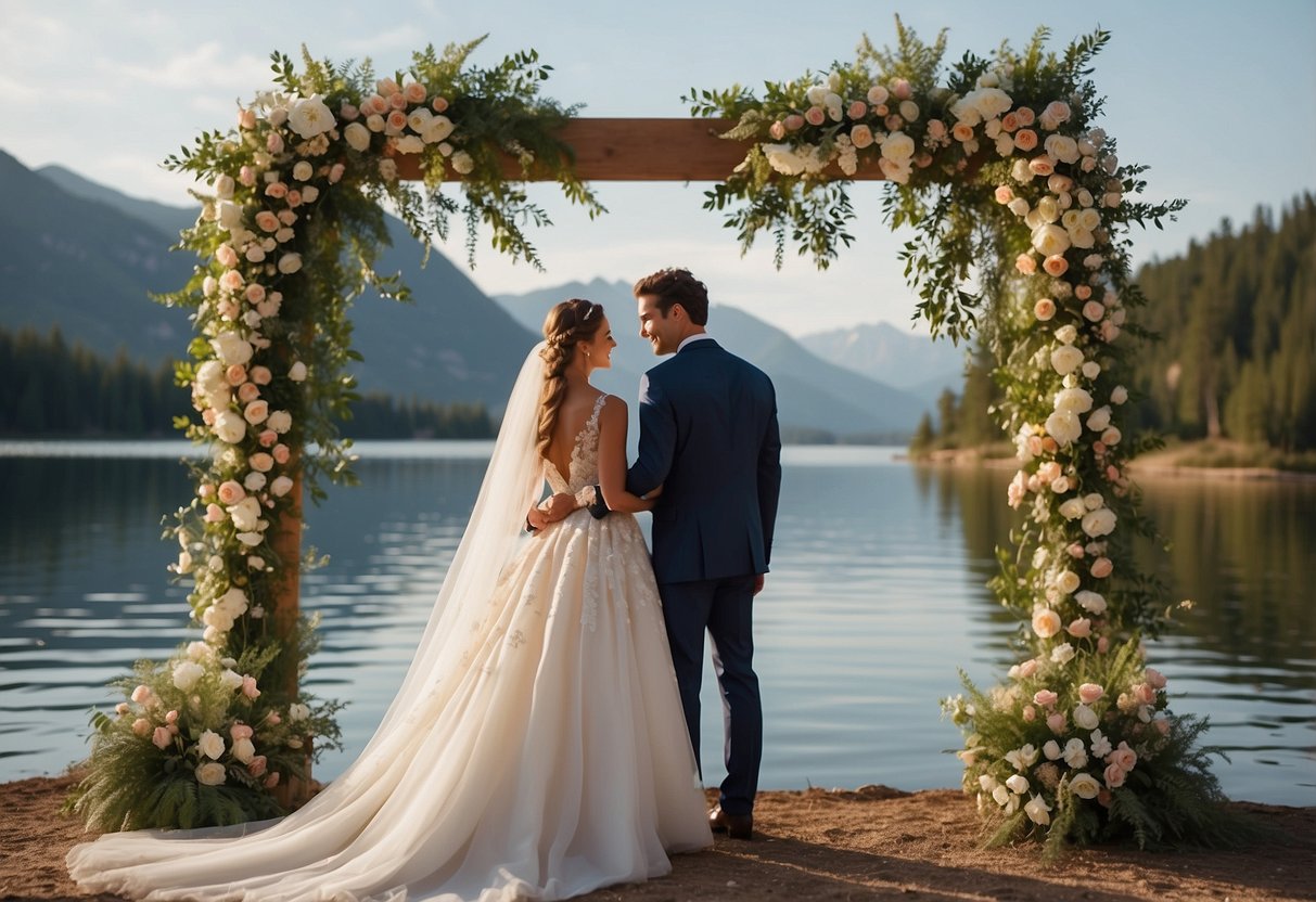 A bride and groom standing under a floral arch, exchanging vows with a serene lake in the background